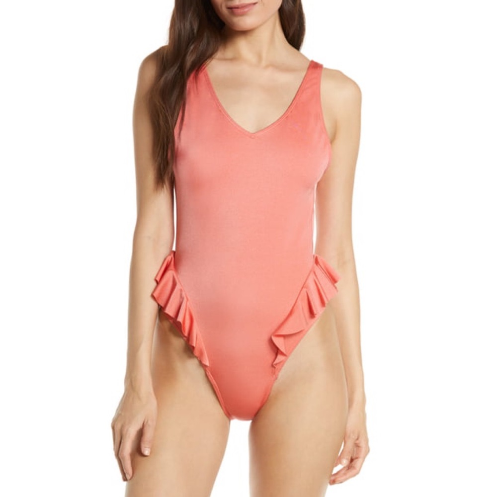 Something Navy Frill Ruffle Coral One Piece Swim